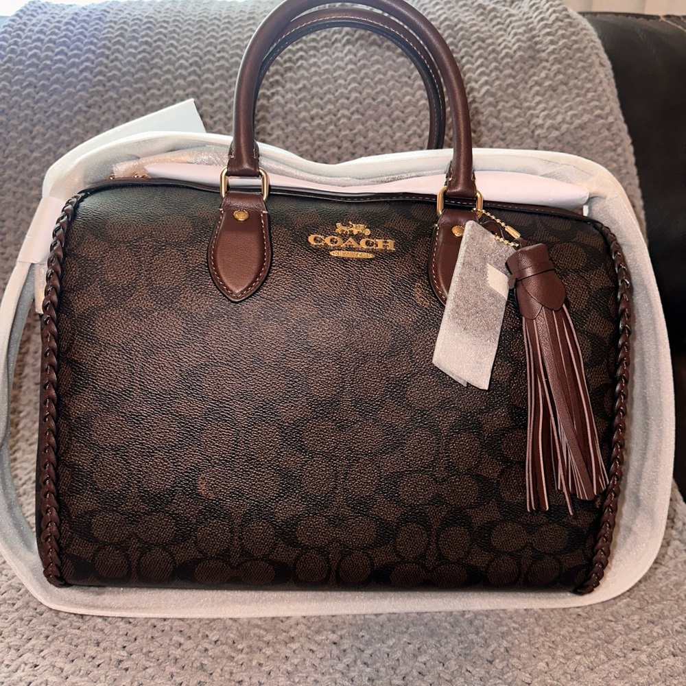 Coach Large Braided Rowan Dark Brown Signature Satchel